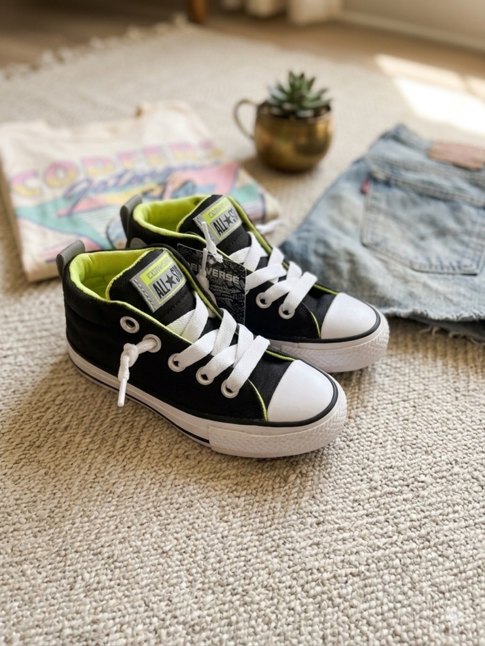 Converse Kids Black High-Top Sneakers with Lime Accents